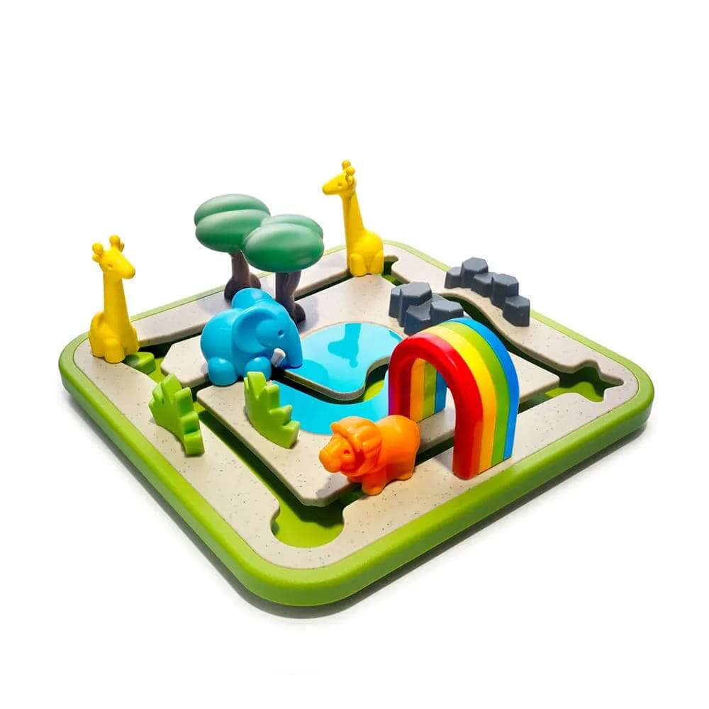 彩虹動物公園 ★提升手眼協調 ★訓練空間位置概念 ★增進策略思考與解決問題能力 快來看看小動物的照片，找找看牠最喜歡在彩虹動物園的哪個位置拍照呢？ 立體動物造型與不同形狀的底座，方便幼兒抓握並兼具形狀對應的遊戲功能；遊戲軌道上經過特殊設計，讓每一款動物有不同的路線限制，增加遊戲的挑戰性，透過動物與公園情境的照片當作題卡設計，提供幼兒前視圖的經驗，提升手眼協調操作技巧與空間位置概念，增進策略思考與解決問題能力。