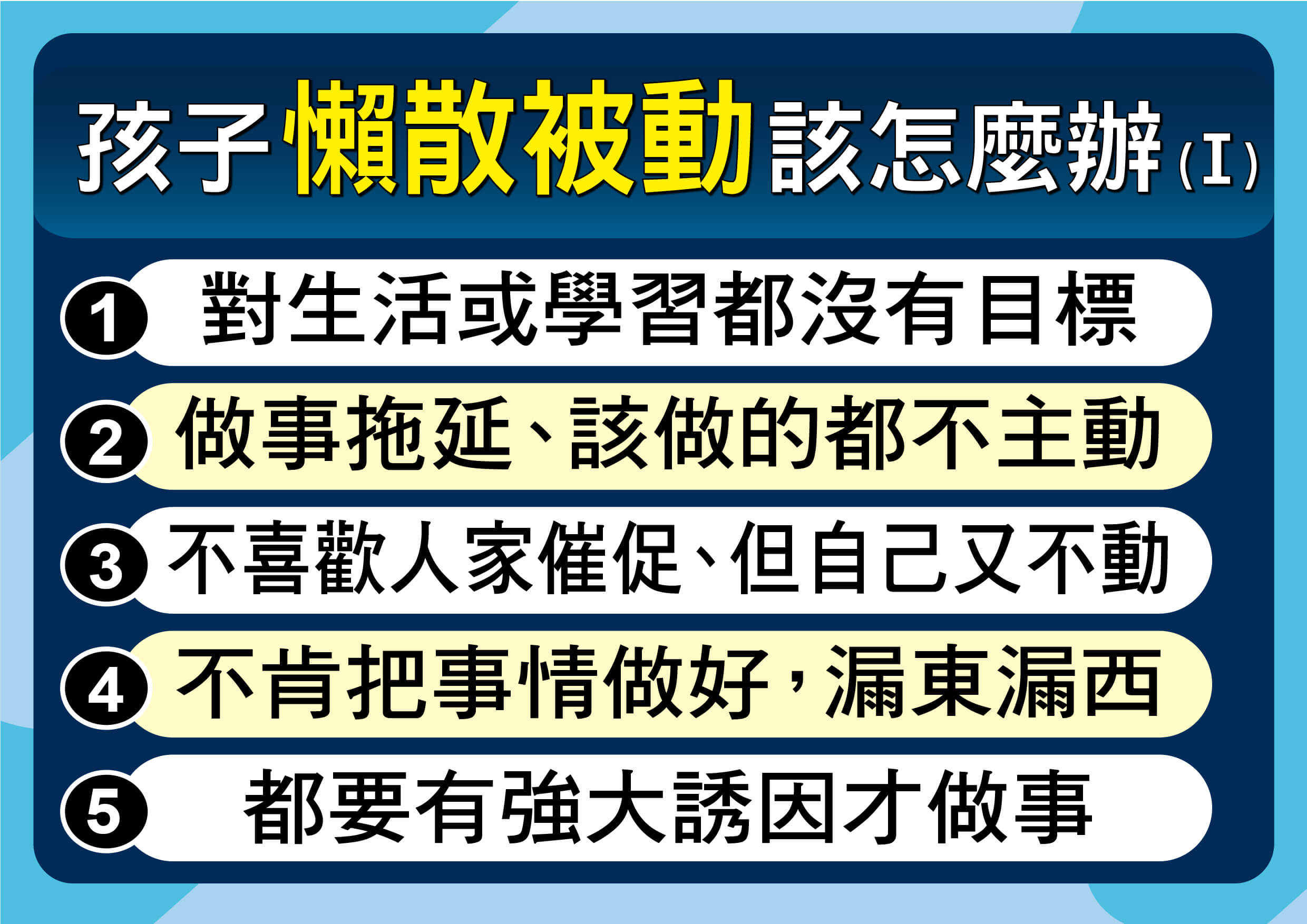 「快去寫功課！」、「房間怎麼還不收？」面對總是癱在沙發上、三催四請才願意動一下的孩子，許多爸媽常感到心力交瘁，忍不住在心裡貼上「這孩子就是懶散、不積極」的標籤。 然而，從兒童心理與腦科學的角度來看，「懶散」往往只是一個假象的結果，而不是真正的原因。當孩子表現出不積極時，其實是他們在學習或生活中遇到了跨不過去的門檻。 要讓孩子動起來，我們不能只在旁邊當「啦啦隊」或「督導員」，而是要成為幫他們找出問題的「教練」。 行為背後必有原因，在我們進入深層的教養策略之前，父母需要先誠實地檢視，孩子目前正處於什麼樣的狀態。 懶散拖拉的「10種常見行為」：你家孩子中幾個？