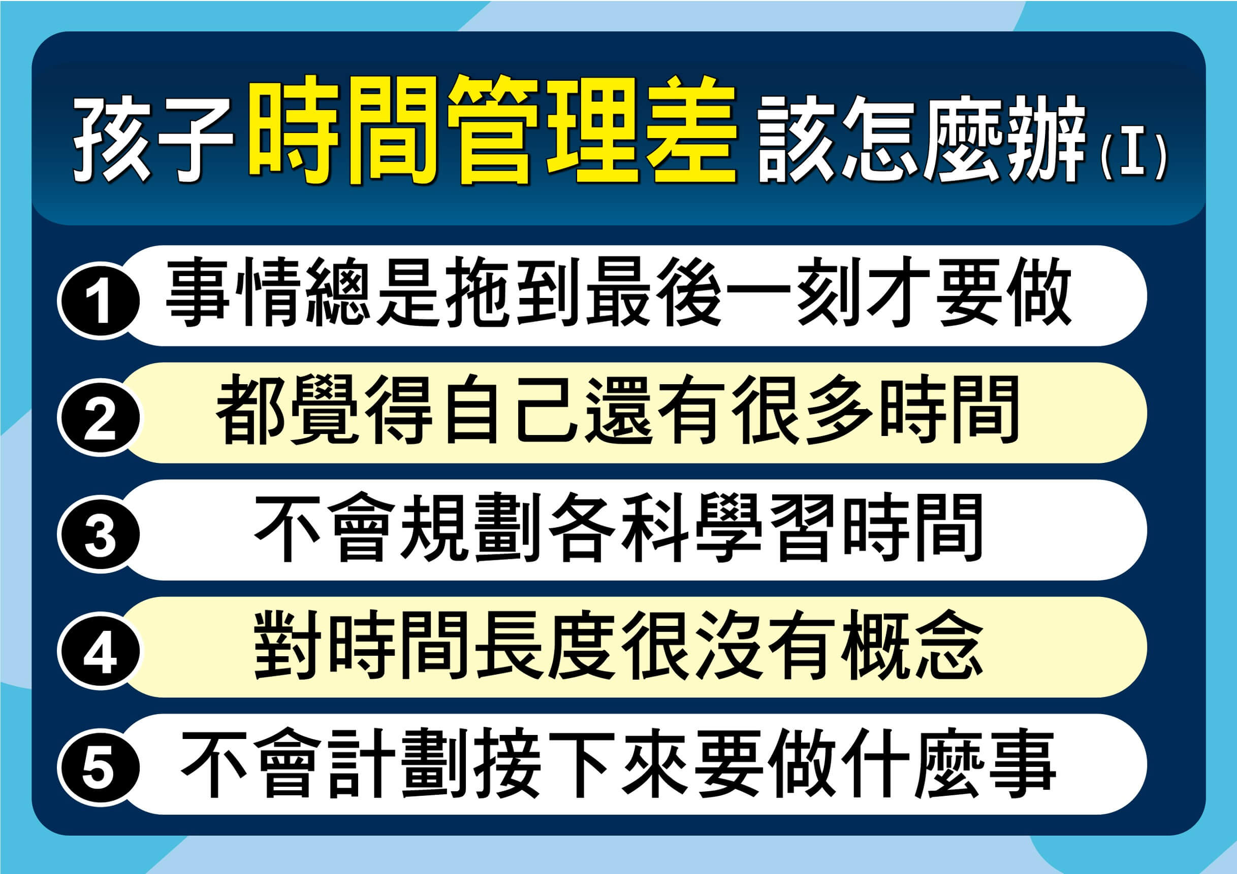 你的孩子有「時間感缺失」嗎？10 個常見徵兆 事情總是拖到最後一刻才要做： 沒意識到截止時間的壓力。 都覺得自己還有很多時間： 對於剩餘時間有錯誤的樂觀預期。 不會分配科目與時間： 面對功課不知從何下手，導致複習不完。 對時間長度很沒有概念： 不知道 10 分鐘到底能做多少事。 不會計劃接下來要做什麼： 生活缺乏預期感，總是等指令。